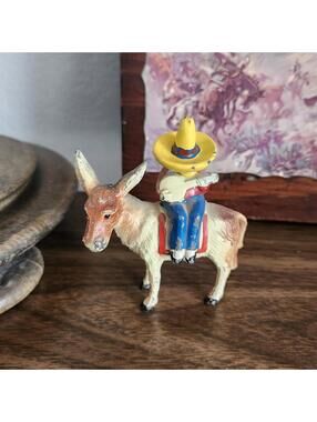 Vintage Cast Metal Mexican Mariachi Man on Donkey with Guitar Figurine